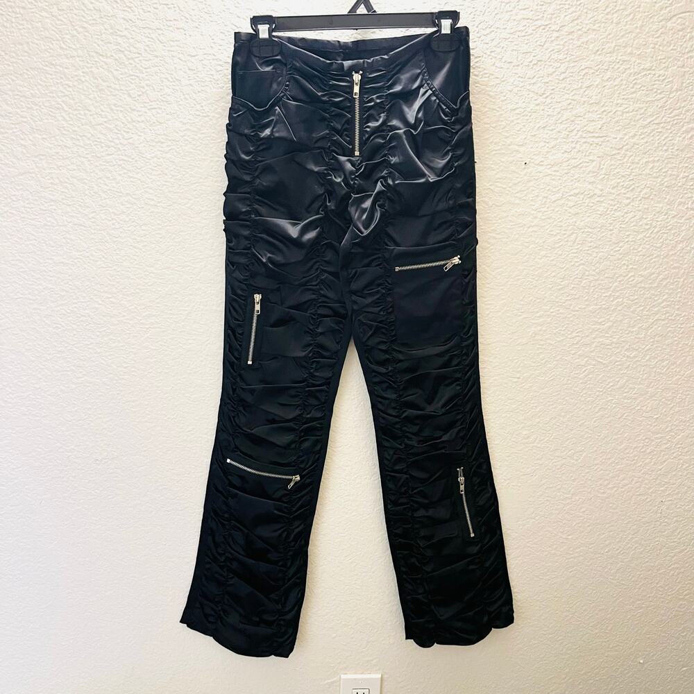 Seven Express Y2K Ruched Satin Cargo Pants Flare Leg Black 26 Cyber Clubwear - Picture 2 of 10